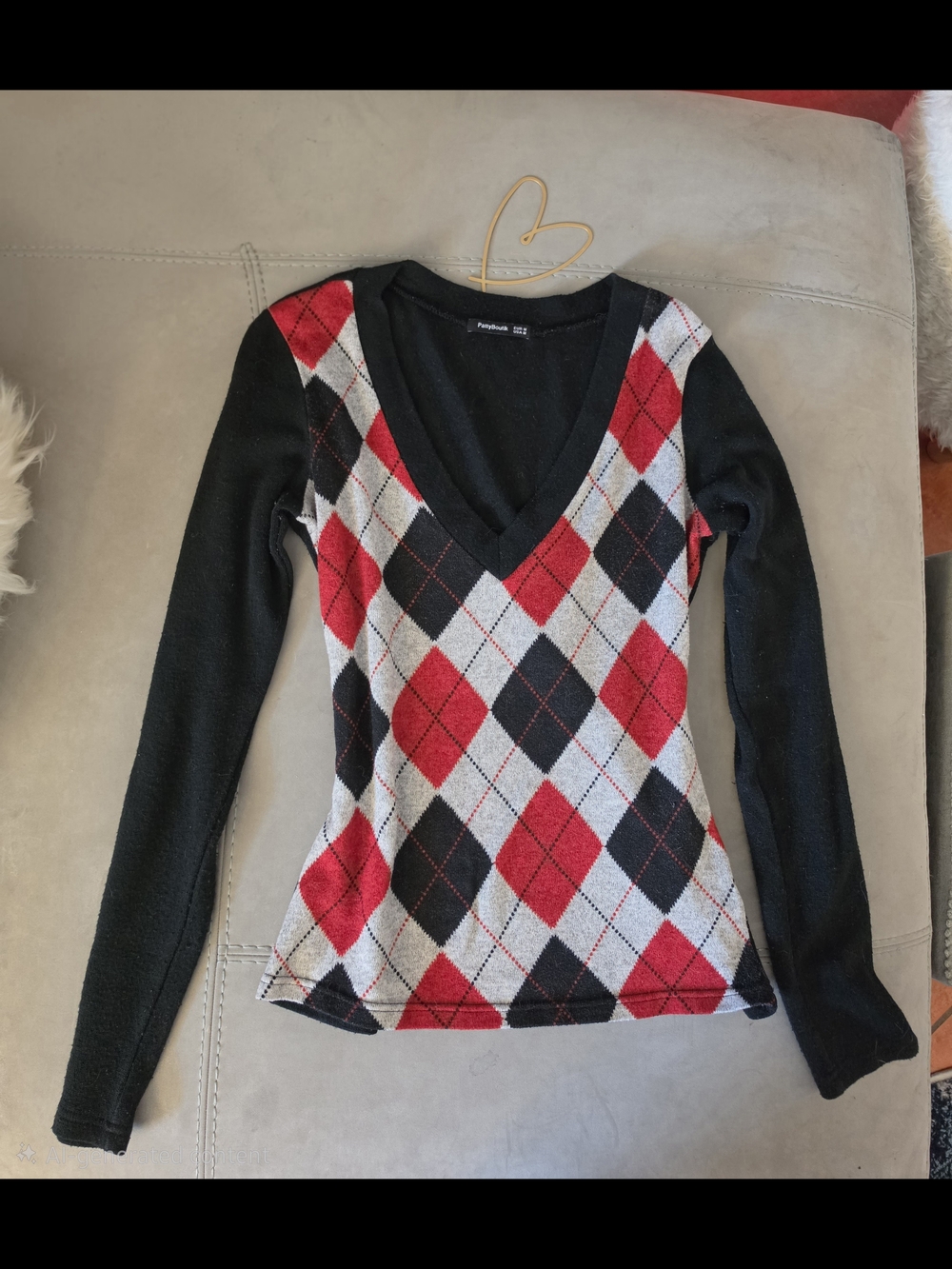 PrettyBoutik Argyle V-Neck Sweater Top - Red, Black & Gray Size Medium